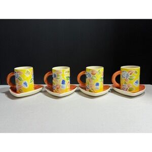 Pier 1 Imports Handcrafted Espresso Cup and Saucer Set of 4 Floral Yellow Orange